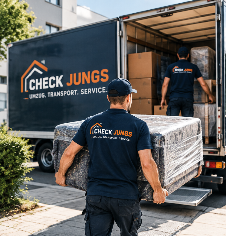 Mitarbeiter laden Umzugskartons in einen Transporter.