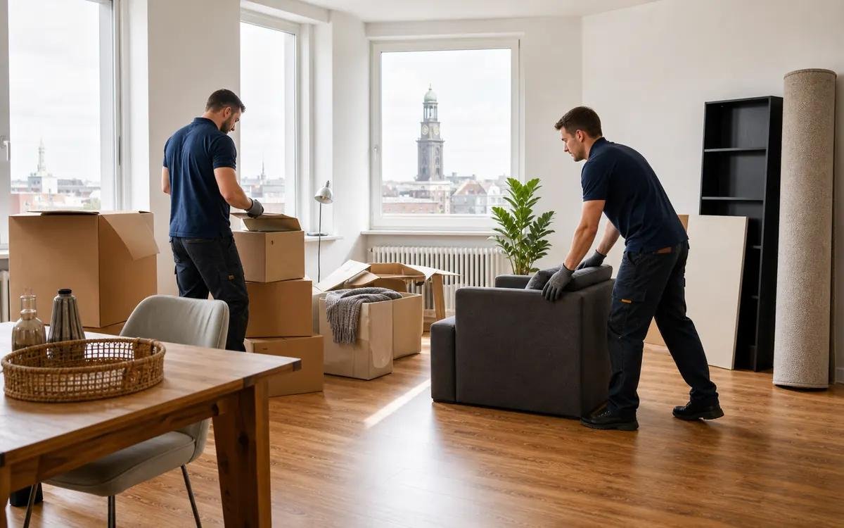 Zwei Mitarbeiter tragen ein Sofa aus einem Wohnraum.
