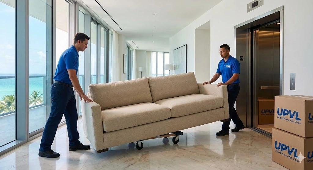 Mitarbeiter bewegen ein Sofa durch einen schmalen Hauseingang.