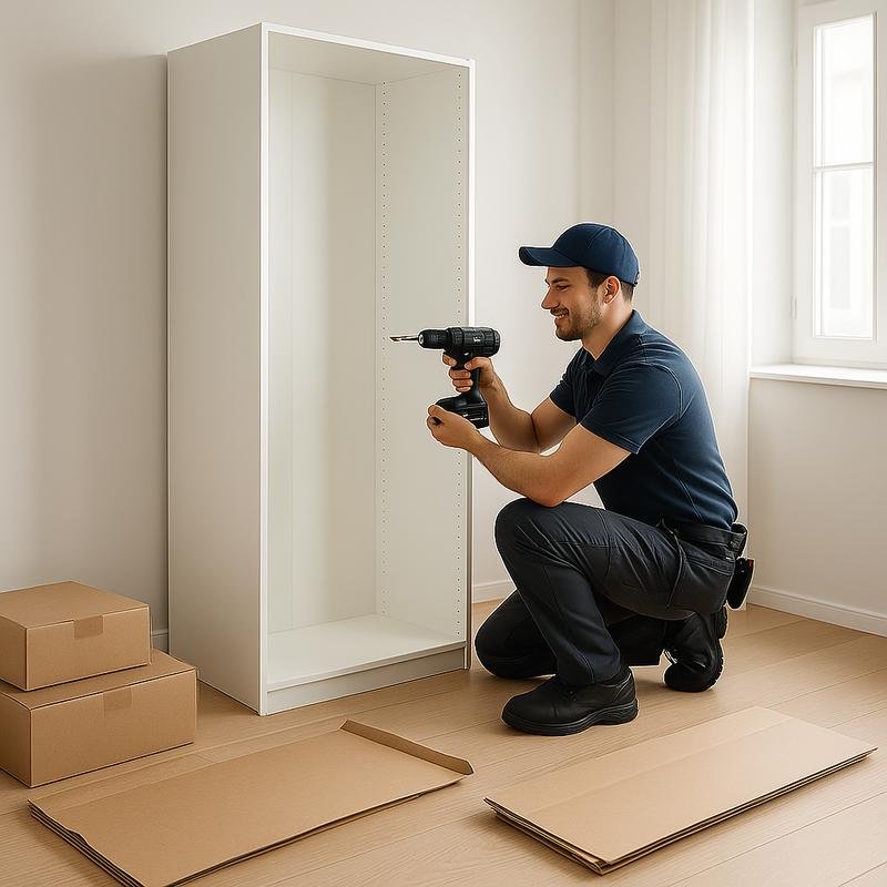 Ein Kleiderschrank wird in einem Zimmer aufgebaut oder vorbereitet.