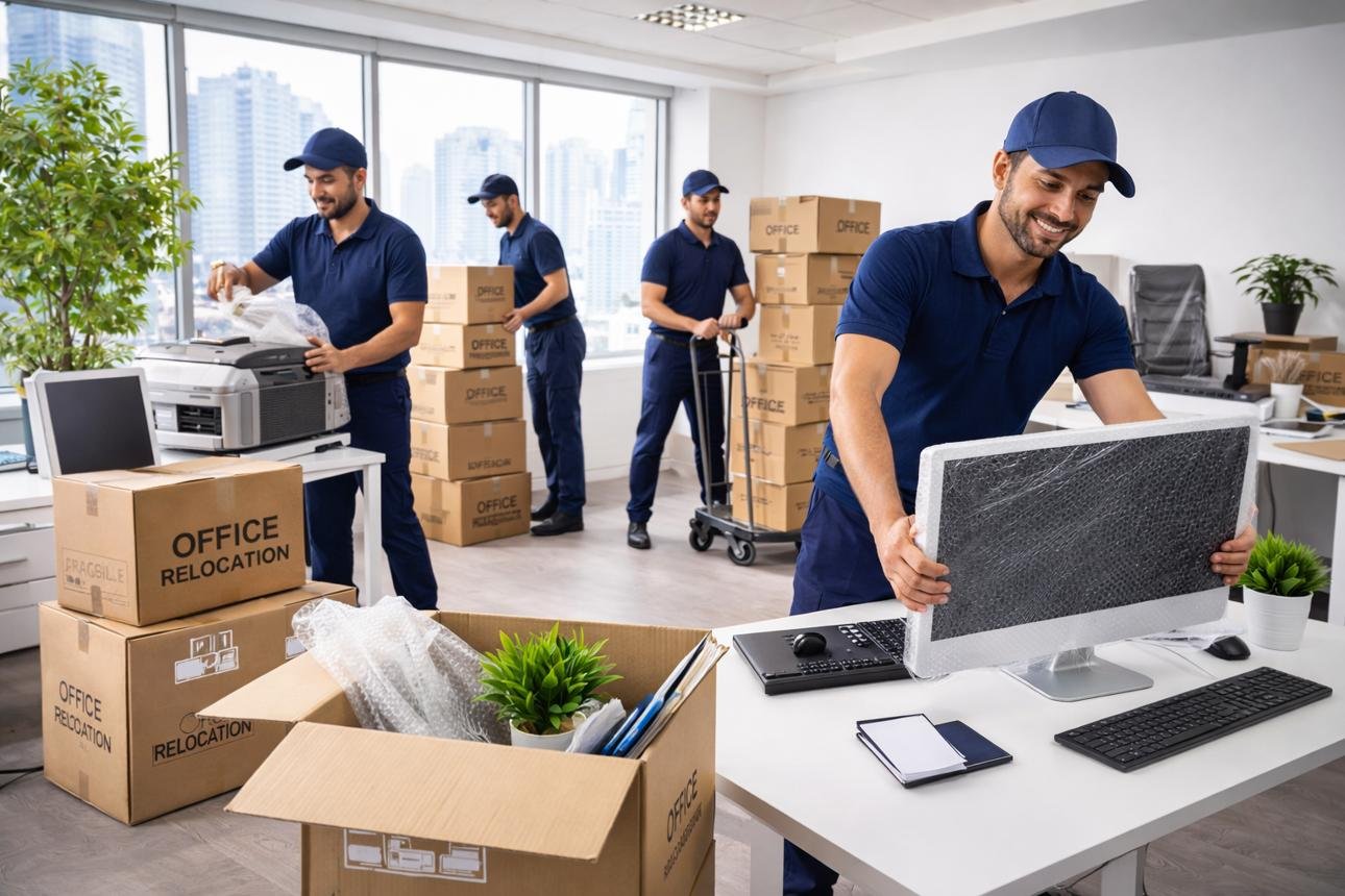Büroausstattung und Kartons werden bei einem Firmenumzug bewegt.