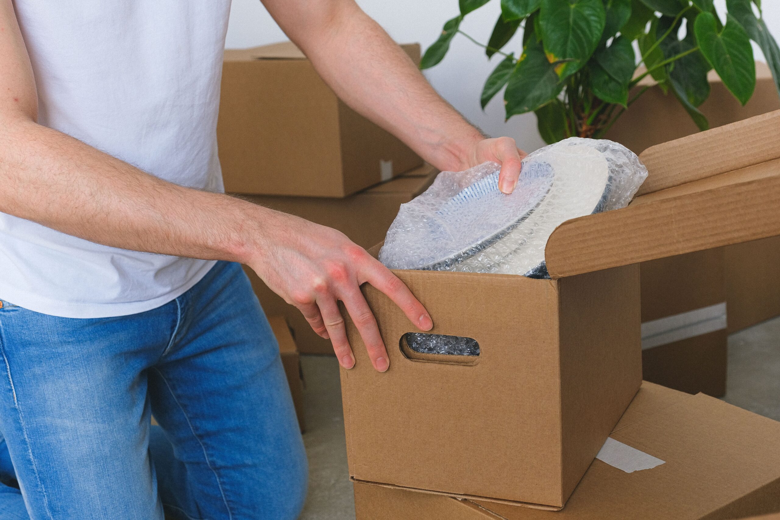 Crop anonymous male in casual clothes packing fragile plates in carton box before moving into new flat in daylight